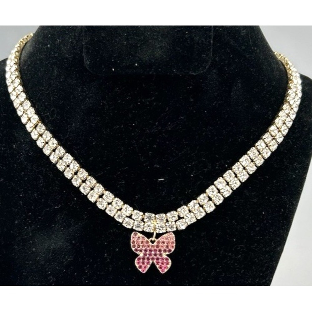 Baublebar Necklace Butterfly Pink Rhinestones Gold Tone Double Strand Chokr 15.5